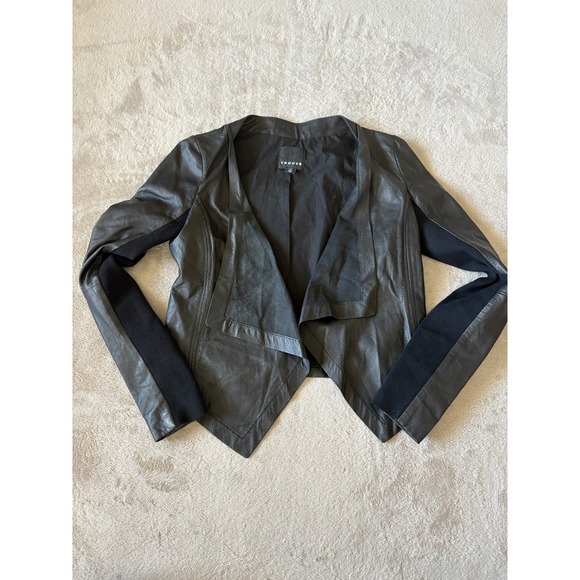 Trouve Leather Jacket Black Knit Sleeve Open Front XS - Picture 1 of 7